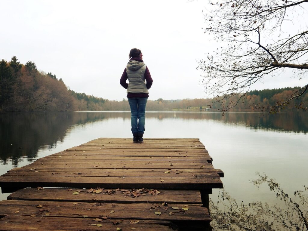 web, lake, forest, nature, woman, to stand, boardwalk, water, reflection, optimism, quiet, goal, soul, depression, burnout, menopause, alone, lonliness, confidence, enjoy, relaxation, wish, air, think, future, menopause, menopause, menopause, menopause, menopause